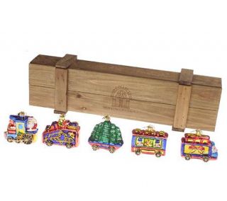 Thomas Pacconi 5pc Blown Glass Christmas Train Ornament Set with Wooden Box —