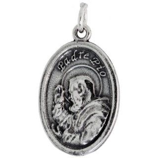 Sterling Silver Padre Pio of Peitrelcina Oval shaped Medal Pendant, 7/8 inch (23 mm) tall Jewelry