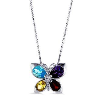 Sterling Silver Amethyst, Citrine, Blue Topaz and Garnet Butterfly Pendant with 18" Box Chain Locket Necklaces Jewelry