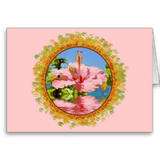 Pink hibiscus flower above the water in frame of l greeting cards