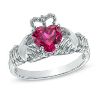 0mm Heart Shaped Lab Created Ruby Claddagh Ring in Sterling Silver