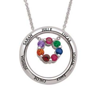 Mothers Simulated Birthstone Circle Family Pendant in Sterling Silver