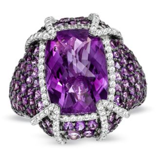 Cushion Cut Amethyst and White Topaz Ring in Sterling Silver   Size 7