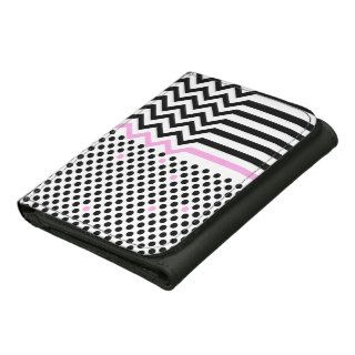 Chic Polka Dots Pink Black Chevron Striped Pattern Leather Trifold Wallet