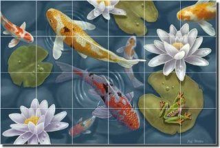 Magical Pond by Jeff Wilkie   Koi Fish Ceramic Tile Mural 17" x 25.5" Kitchen Shower Backsplash    