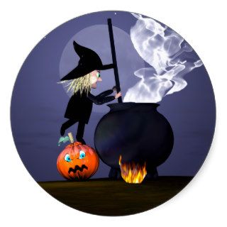 Halloween Witch and Cauldron Round Sticker