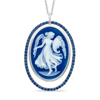 Agate and Lab Created Blue Sapphire Cameo Pendant in Sterling Silver