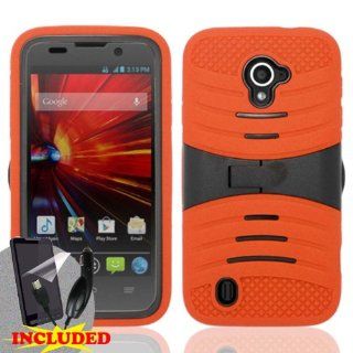 ZTE Majesty Z796c (StraightTalk) 2 Piece Silicon Soft Skin Hard Plastic Kickstand Case Cover, Orange/Black + SCREEN PROTECTOR & CAR CHARGER Cell Phones & Accessories