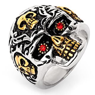 Goldplated Stainless Steel Red Cubic Zirconia Skull Ring West Coast Jewelry Men's Rings