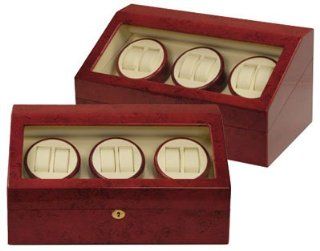 Burgundy Wood Finish 6 Watch Winder With 7 Additional Watch Storage Spaces, 3 Turntable With 4 Program Settings. Watches