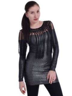 Anna Kaci S/M Fit Black Hi Yo Silver Away Sheer Yoke Embroidered Fringe Dress