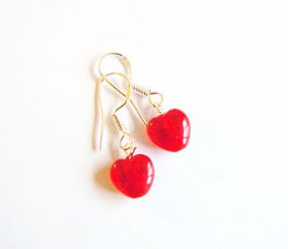 red crackle glass heart drop earrings by clutch and clasp