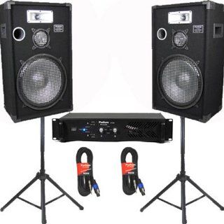 Podium Pro Deluxe 15" DJ Speakers, Stands, Amp, Bluetooth and Cables Set for PA Karaoke E1525SET2B Musical Instruments