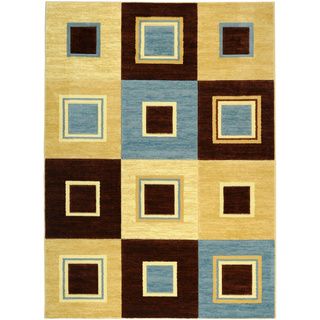 Hand carved Geometric Boxes Blue/ Beige Area Rug (711 X 910)