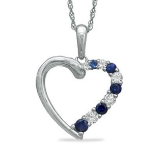Lab Created Blue and White Sapphire Journey Heart Pendant in 10K White