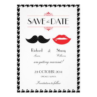 Lips Mustache Houndstooth Wedding Save the Date Custom Invitation
