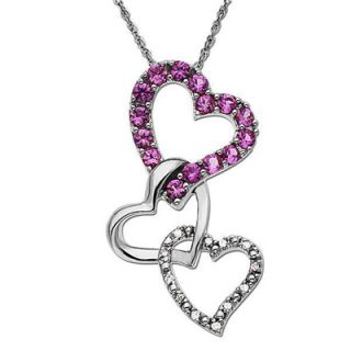 Pink Sapphire and Diamond Accent Three Heart Dangle Pendant in 10K