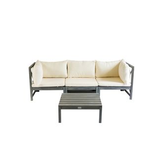 Safavieh Outdoor Living Lynwood Ash Grey Acacia Wood 4 piece Beige Cushion Sectional Set