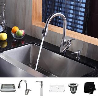 Kraus Kitchen Combo Set Stainless Steel 36  inch Farmhouse Sink with Faucet Kraus Sink & Faucet Sets