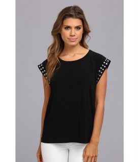 MICHAEL Michael Kors Stud Sleeve Pleated Solid Top Womens T Shirt (Black)