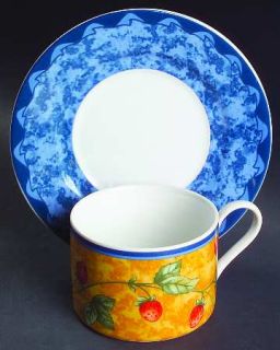 Coventry (PTS) Strawberry Flat Cup & Saucer Set, Fine China Dinnerware   Blue Ed