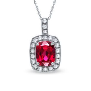 Cushion Cut Lab Created Ruby and White Sapphire Frame Pendant in 14K