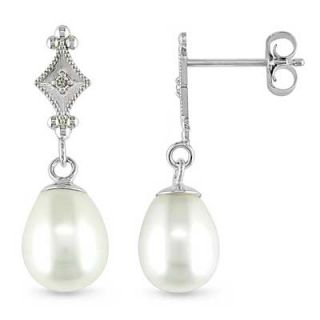 0mm Cultured Freshwater Pearl and Diamond Accent Drop Earrings