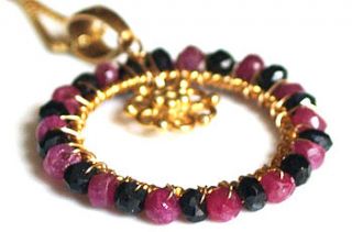 ruby and spinel wire wrapped gold necklace by prisha jewels
