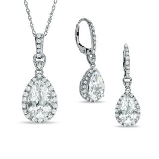 Pear Shaped White Topaz Frame Pendant and Earrings Set with Lab