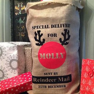 personalised reindeer mail christmas sack by percy and nell