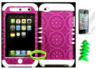 Hybrid Cover Case for Apple Ipod Touch Itouch 4g 4 Pink Circular Pattern Hard Plastic Snap on Over White Silicone Gel (Wireless Fones Wristband,Earpiece Winder, and Screen Protector Included) Cell Phones & Accessories