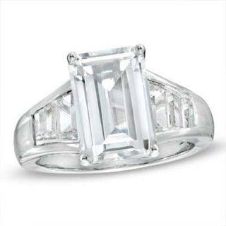 Emerald Cut Lab Created White Sapphire Ring in Sterling Silver   Size