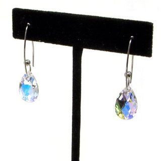 Tear Drop Shape AB Clear Swarovski Crystal Sterling Silver Dangle Earrings with Rhodium Plated Jewelry