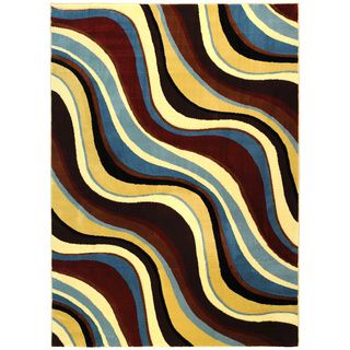 Hand carved Geometric Waves Blue/ Brown Area Rug (711 X 910)