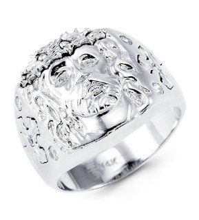 Mens Solid 14k White Gold Round CZ Jesus Religious Ring Jewelry