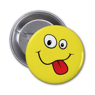 Funny goofy smiley sticking out his tongue, yellow button