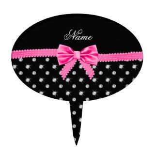 Personalized name black diamonds pink bow cake toppers