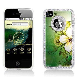 Sparkling Green Hawaiin Flower with Rhinestone Design Snap on Hard Skin Shell Protector Faceplate Cover Case for Verizon At&t Sprint Apple Iphone 4 4s + Lcd Screen Guard + High Sensive Stylus Pen Cell Phones & Accessories