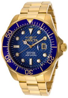 Invicta 14357  Watches,Mens Pro Diver Blue Textured Dial 18K Gold Plated Stainless Steel, Casual Invicta Quartz Watches