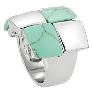 Silvertone Created Turquoise Checkered Ring Gemstone Rings