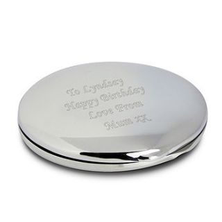 engraved silver round compact mirror by hope and willow