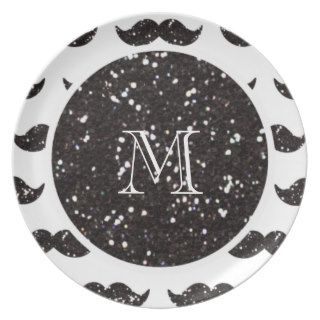 Black Glitter Mustache Pattern Your Monogram Party Plates