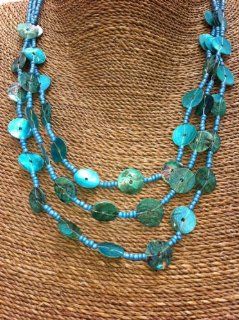 Multi Strand Turquoise Seed Pearl and Shell Disc Necklace Jewelry