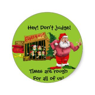Santa with elves for rent round sticker