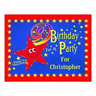 Red Smiley Star 9th Birthday Party Invitation
