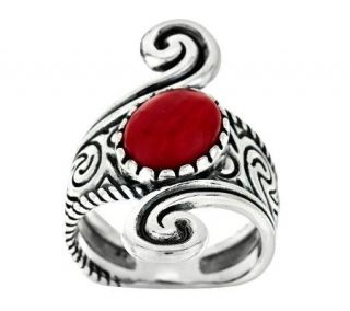 American West Sterling Red Coral Etched & Swirl Design Ring —