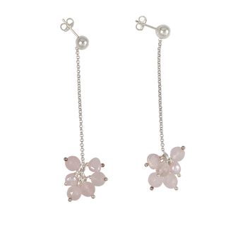 Sterling Silver FW Pearl and Rose Quartz Cluster Drop Earrings (Italy) Earrings