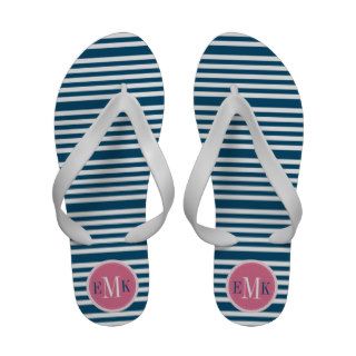 Nautical Blue White Mini Stripes Pink Monogram Flip Flops