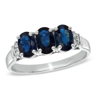 Oval Blue Sapphire and Diamond Accent Three Stone Ring in 10K White