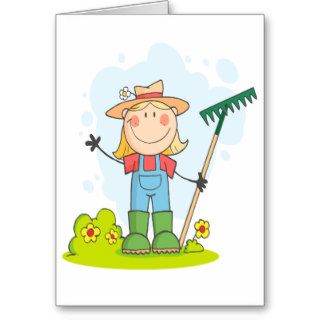cute stick figure girl gardener farmer greeting cards